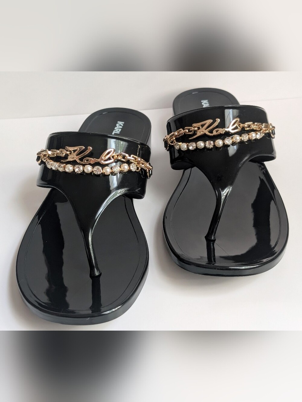 Karl Lagerfeld Paris Vesperina Black Jelly Thong Sandals Pearl Crystal Logo NIB